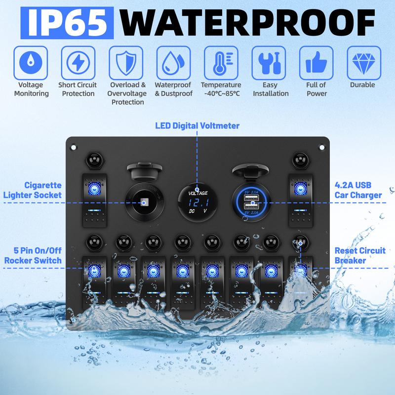 10 Gang Switch Panel Waterproof Boat Rocker Switch Panel With 4.2A Daul USB Socket + 12V Voltmeter+Cigarette Lighter Socket