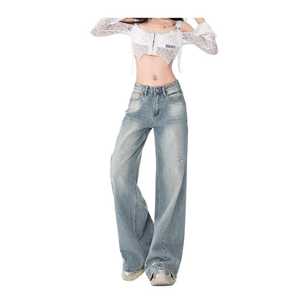 Blue Micro Flare Wide-legged Jeans Women's Design Abraded Straight Trousers Versatile Large Yards Mopping Trousers Jeans for Women Long Denim Pants