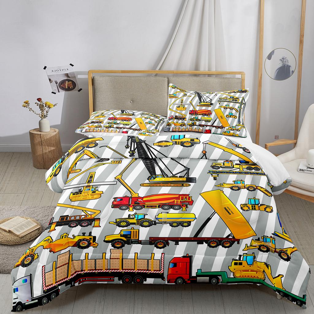 Excavator King Queen Duvet Cover Cartoon Construction Truck Bedding Set for Kids Boys Adults Tractor Polyester Quilt Cover