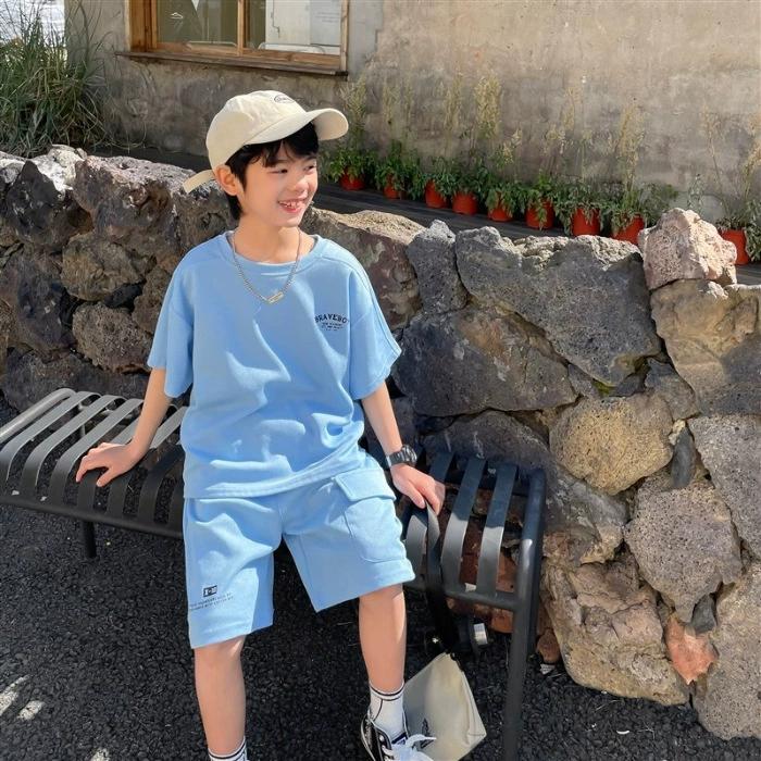 

Мужские и женские костюмы Летние тонкие спортивные костюмы Футболки для детей среднего возраста Пятиточечные брюки Повседневный корейский костюм-двойка 100 синий