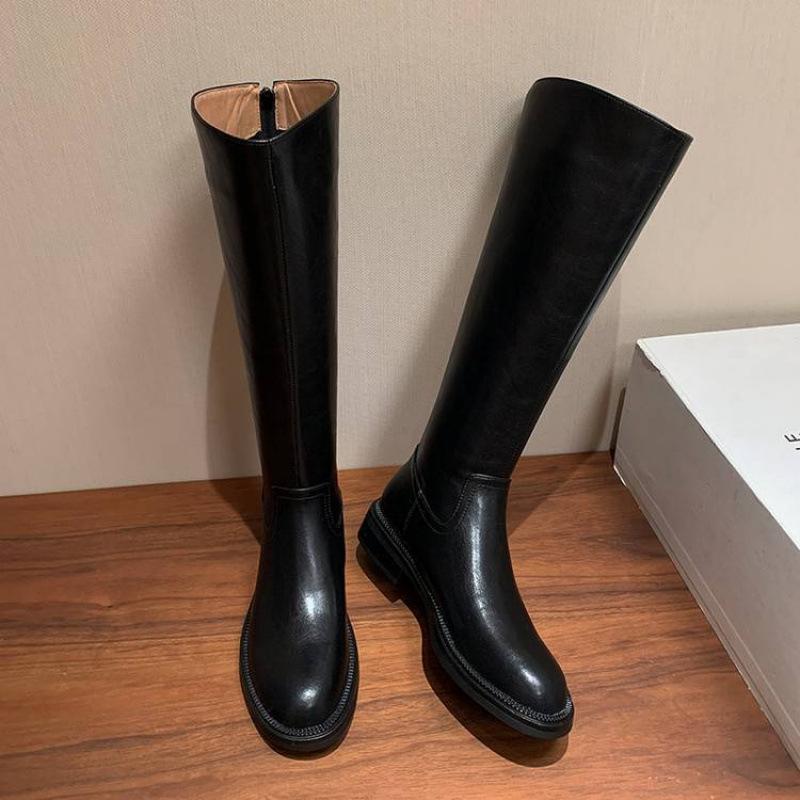 Autumn and winter leather knight boots women's medium heel versatile women's leather boots square heel large tube circumference zipper cowhide high