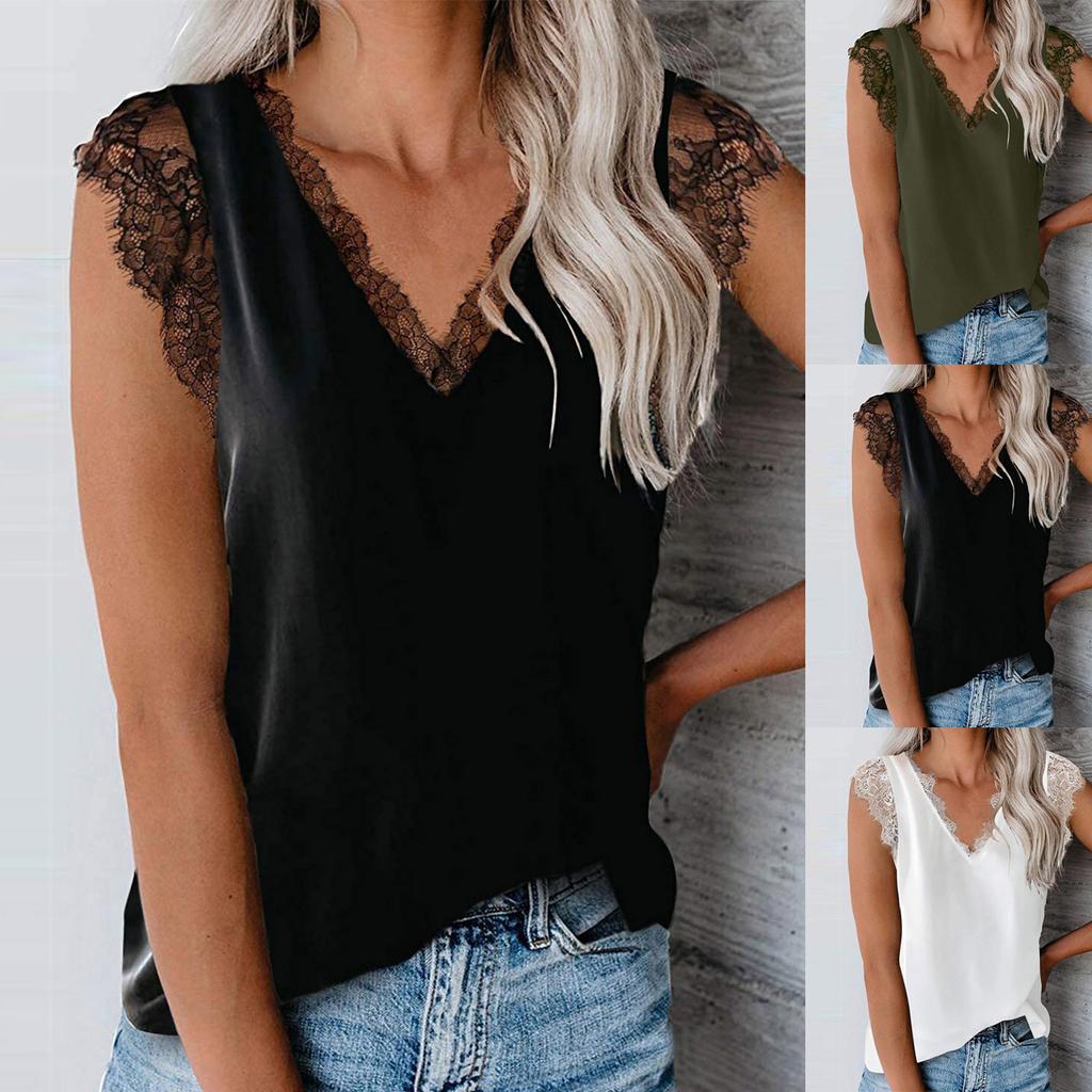 Women's V-Neck Lace Casual Solid Sleeveless Shirts Tank Tops Blouse
