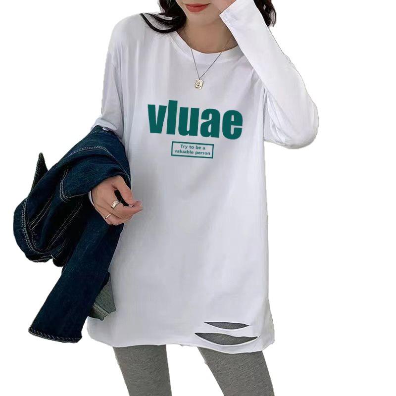 Mittelanges Damen-T-Shirt mit Rissen - Frühjahr/Herbst 2025, Koreanischer Stil Langarm-Oberteil