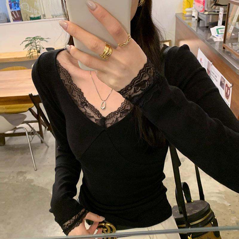 

2024 New Women s Slim Lace-Spliced Long-Sleeve T-Shirt Extra Large чорний
