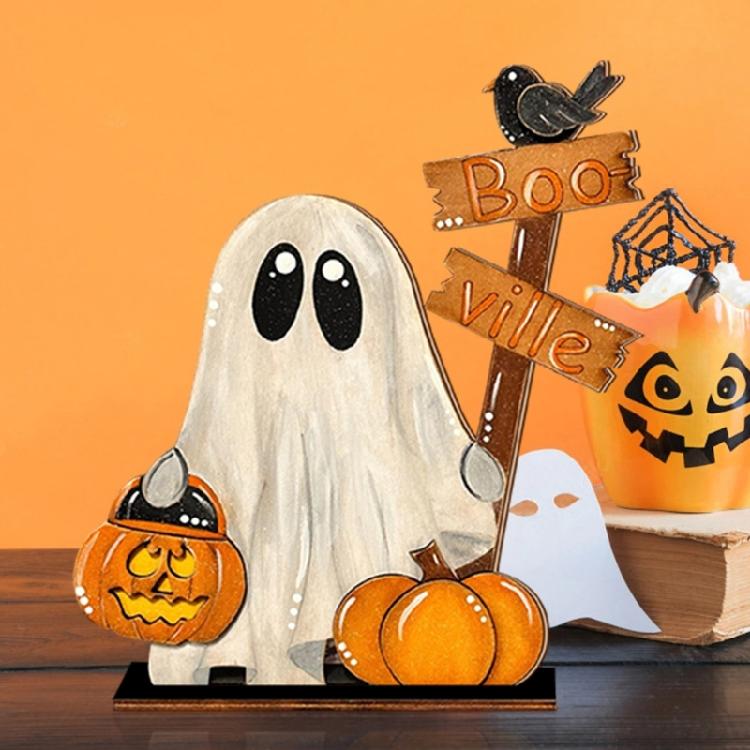 Wooden Pumpkin Ghostly Table Sign Handmade Wood Sign Halloween Decoration For Shelf Mantels Desktop Window Display