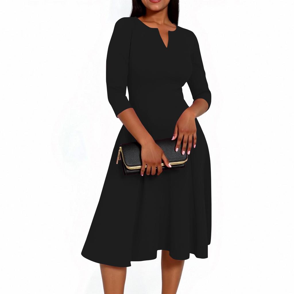 Women's A-Line Fit & Flare Skirt 3/4 Sleeves V-Neck Solid Color Cocktail Wedding Guest Overalls With Pockets Dress