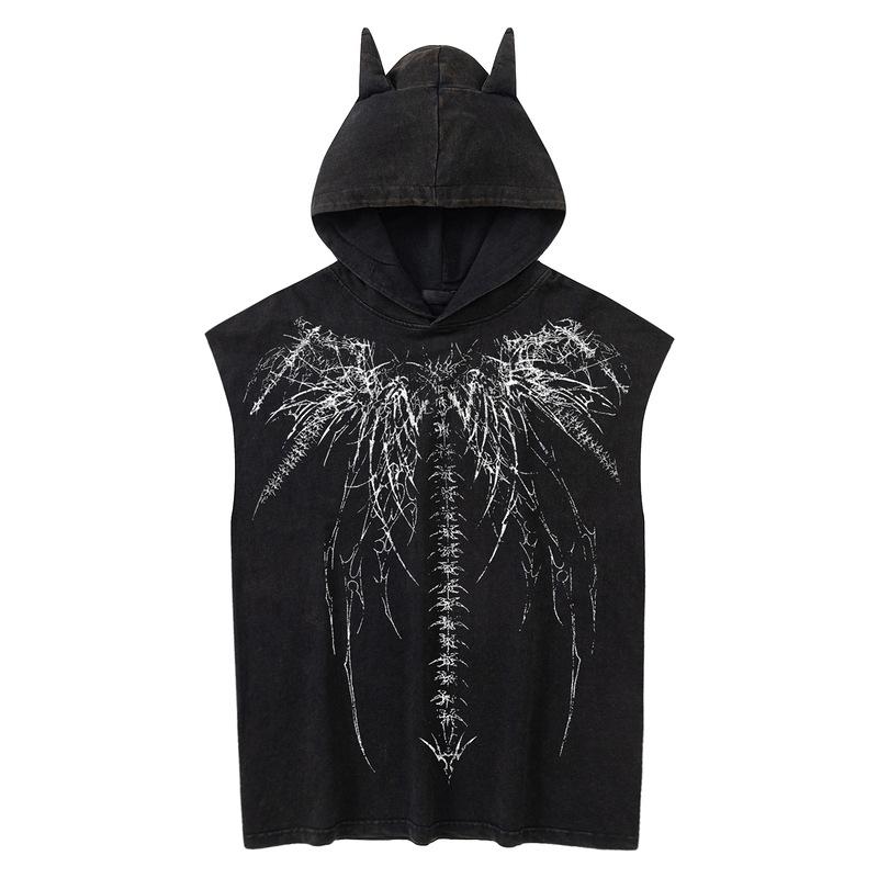 Comércio exterior americano retrô estampa antiga de esqueleto canto do diabo colete com capuz masculino e feminino solto hip hop rua sem mangas T