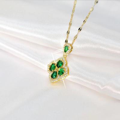 Wind Slightly Inlaid Jade Four-Leaf Flower Necklace Light Luxury Simple High Sense Women'S Titanium Steel Clavicle Chain Accessories