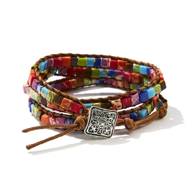 Stone Wrap Leather Bracelets Vintage 2 Strands Multilayer Woven for Women Men