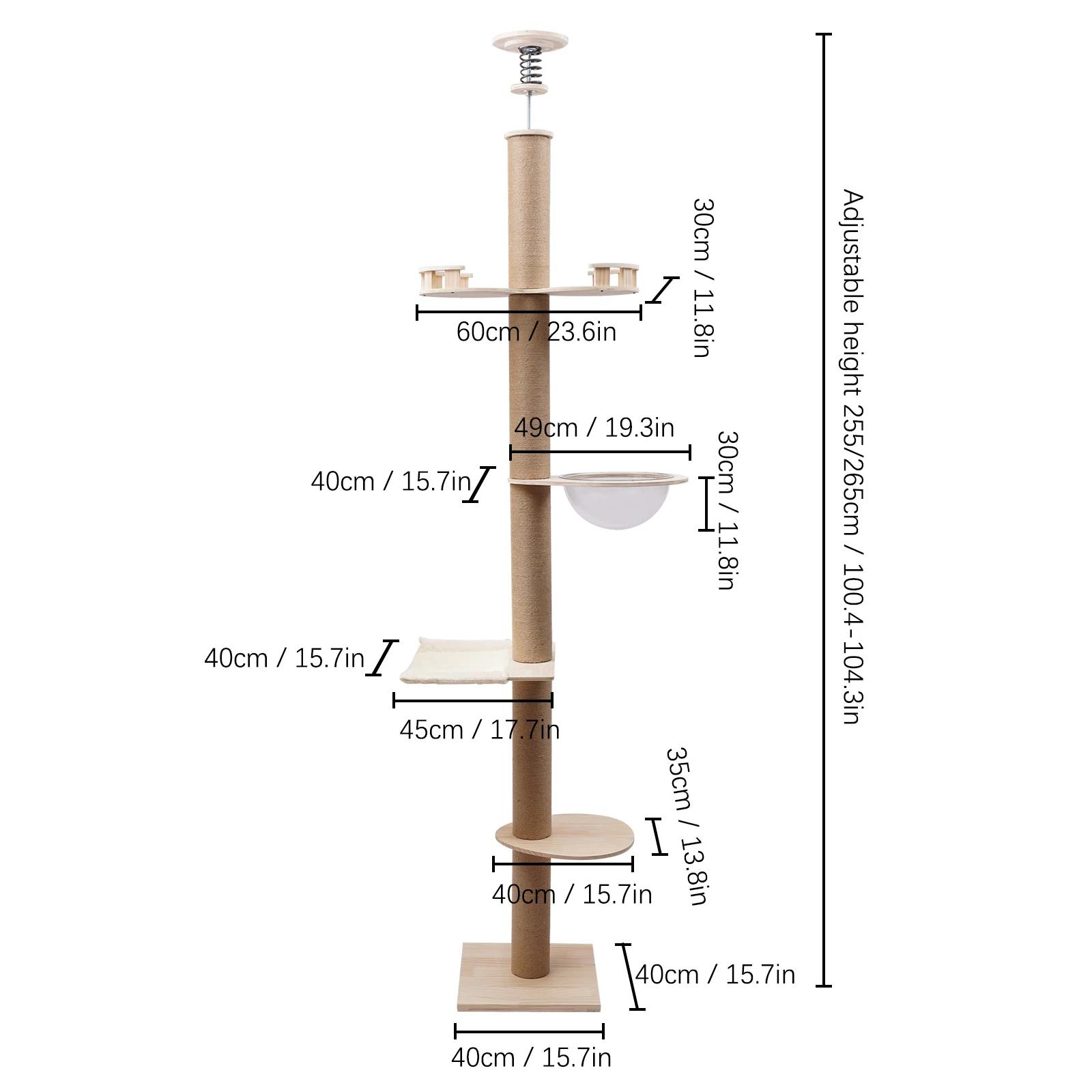 

Комплекс для кошек от пола до потолка, башня для лазания, 4 яруса, регулируемая высота 255-265 см, с прозрачной космической капсулой и U-образным гамаком