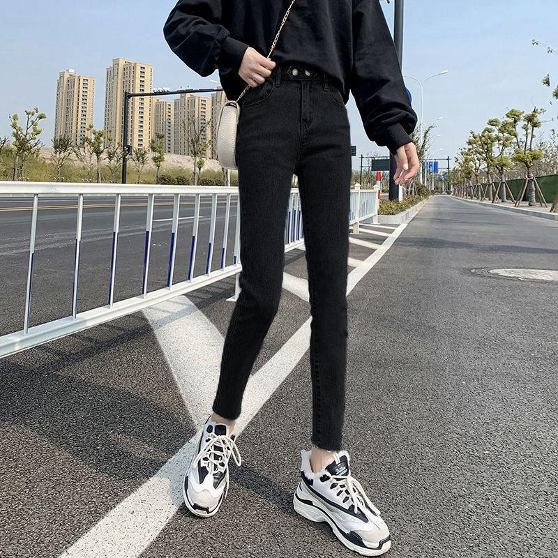 

Весенне-осенние новые женские джинсы, узкие эластичные узкие брюки-карандаш с двойной пряжкой, модные модные брюки 32 чёрный