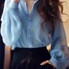 Chic Korean-Style Blue Chiffon Long Sleeve Women's Blouse