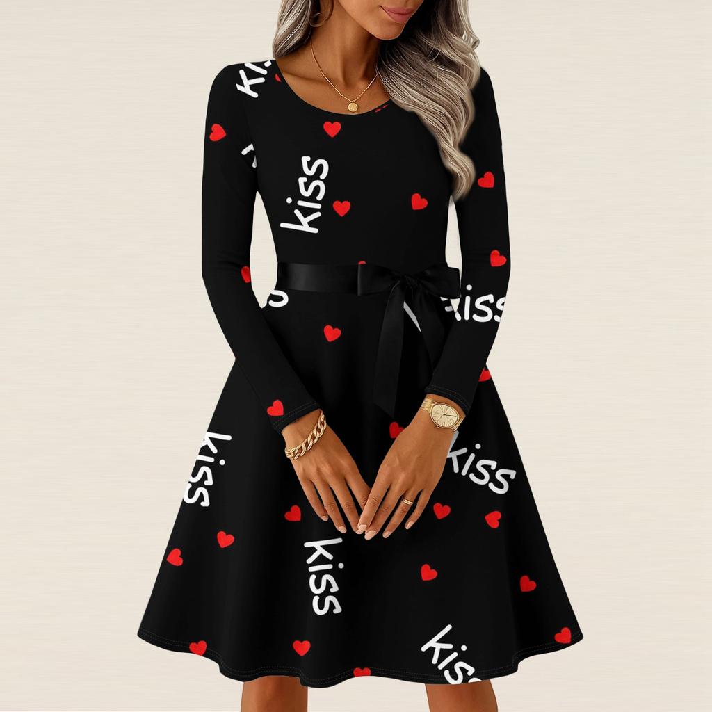 Damen Casual Mode Langarm Vintage Lange Kleider Frühling Valentinstag