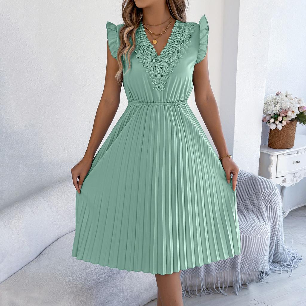 Modisches Lässiges Spitzen-V-Ausschnitt-Kleid mit Rüschen, Taillenbetonung und Falten
