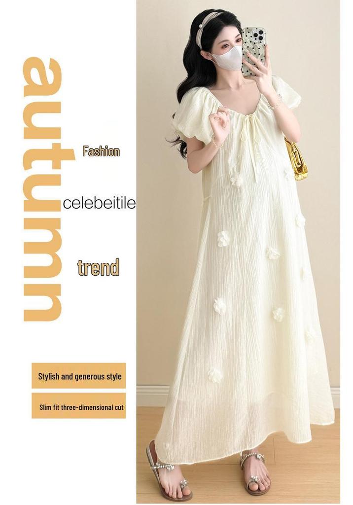 2026 Summer Korean Style Puff Sleeve Knee-Length Maternity Dress