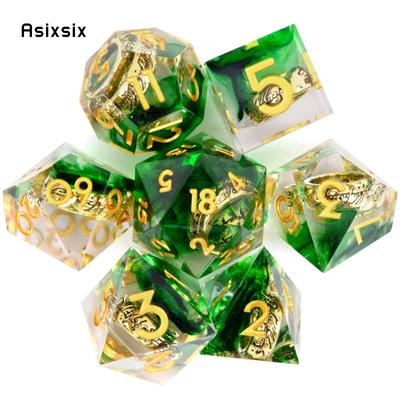 7 Stück grüner Harzring, goldene Zahlen, scharfkantige Würfel, polyedrische Würfel, geeignet für Rollenspiele, RPG-Brettspiele