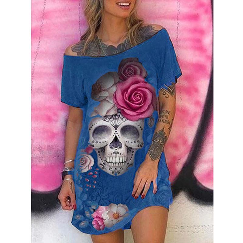 Damenmode, locker, lässig, kurzärmelig, mit Totenkopf-Motiv, schulterfrei, sexy Minikleid, Übergröße