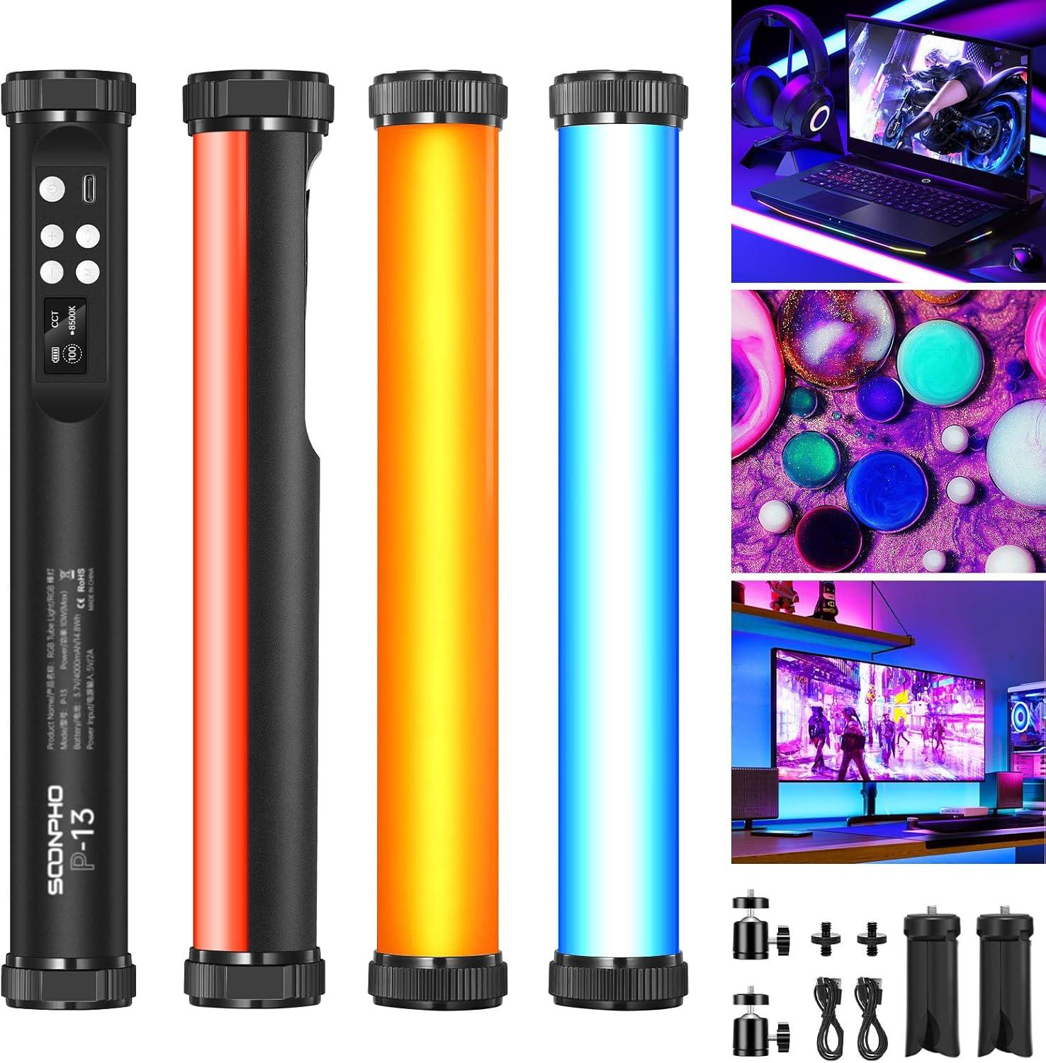 

Soonpho Pack of 2 RGB Light Tube Stick LED Light Stick Studio with 4000 mAh Battery, 2500 K-8500K, Adjustable Brightness, 21 Effects for TikTok 2pcs