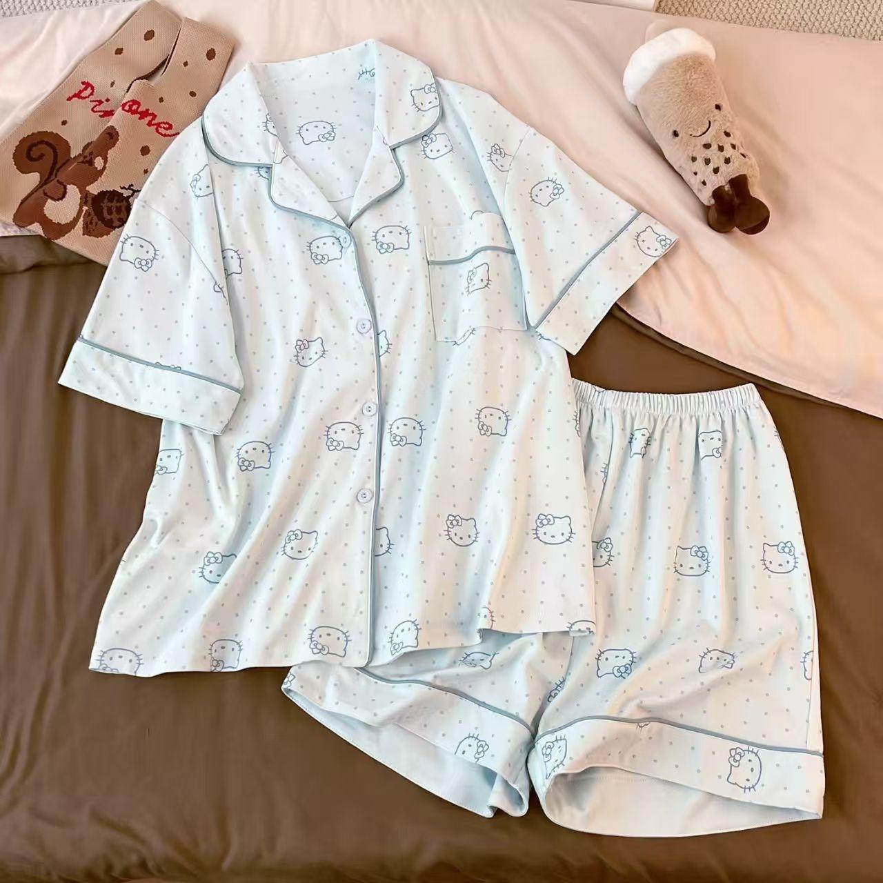 

Blue polka dot Kitty cat pajamas women s summer short-sleeved shorts cardigan two-piece set can be worn outside student loungewear S