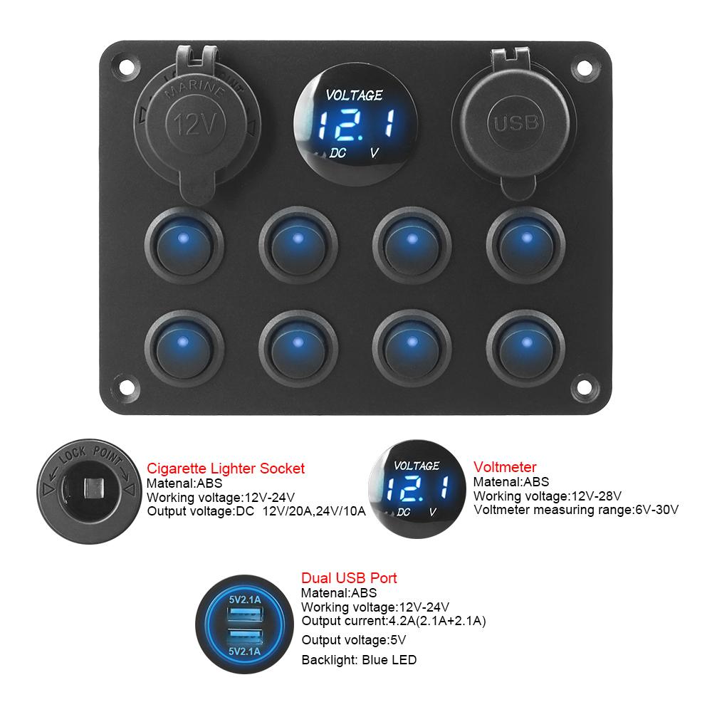 12V 24V 8 Gang Lighte Buttons Socket USB Chargers For Car RV Truck ATV UTV Camper Caravan Toggle Switch Panel Circuit Breaker