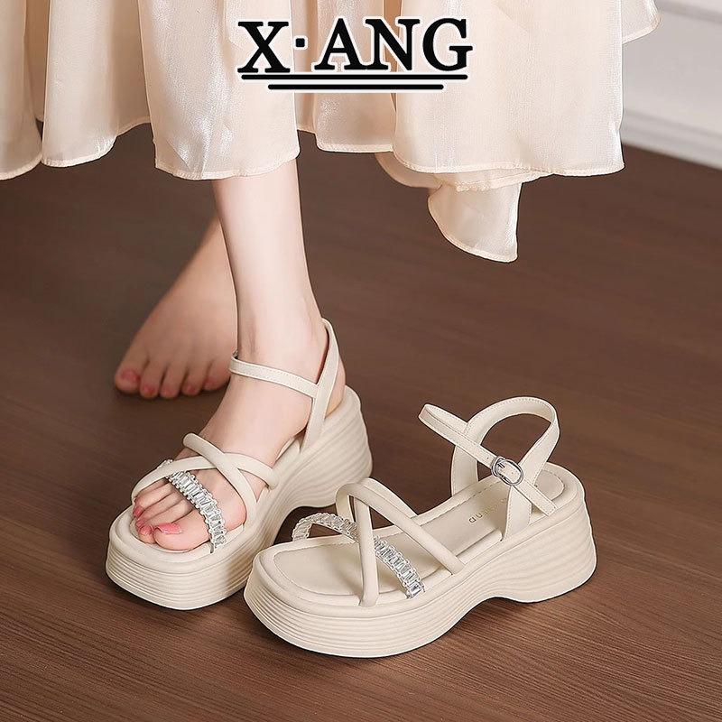 Muffin Thick-soled Heightening Leather Rhinestone Sandals Women's Summer Wear with Skirts Small Open-toed Women's Shoes