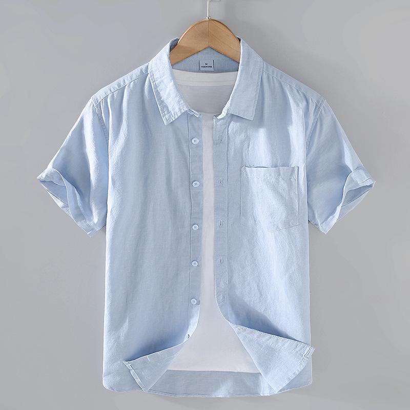 Men's Light Blue Linen Cotton Short Sleeve Shirt Casual Button Down Top