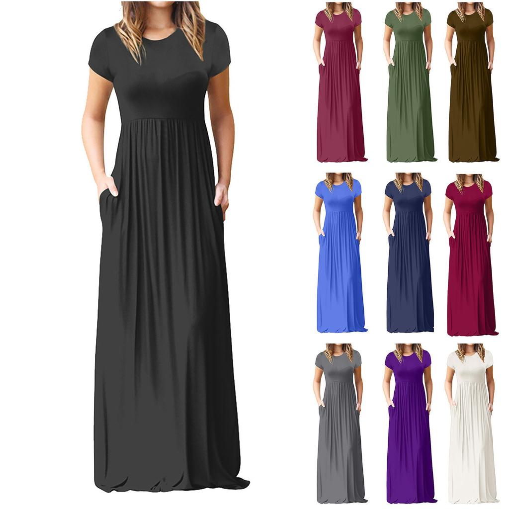 Women  Casual Pockets Short Sleeve Floor Length Dress Loose Party Dress