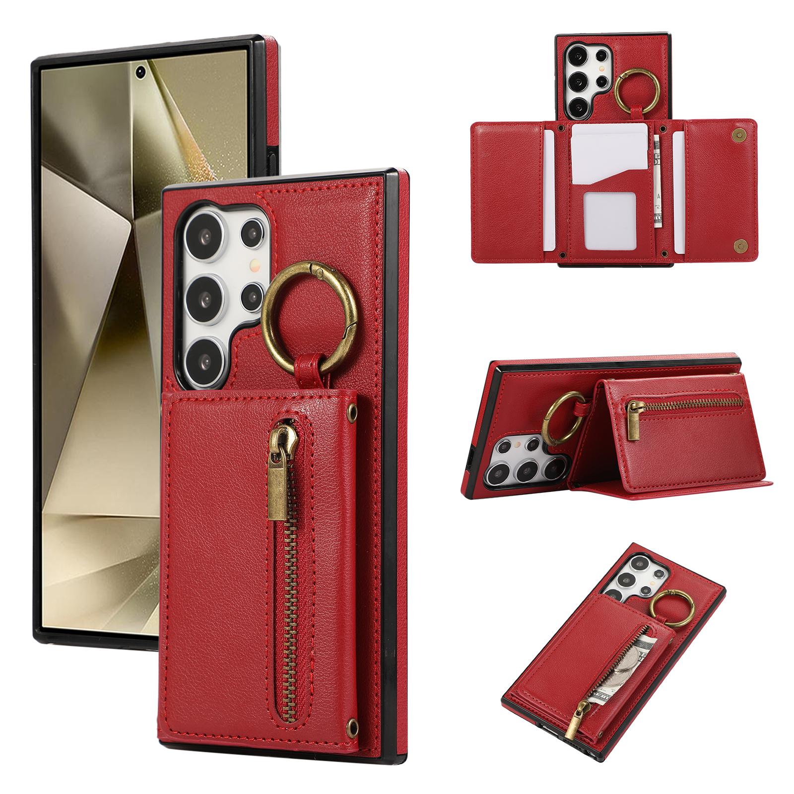 

Zipper Triple Fold Cards Solt Wallet Leather Case For Samsung S26 Ultra S25 Plus S24 A26 A16 A17 A07 Bag Pocket kickstand Cover Galaxy A35 5G червоний
