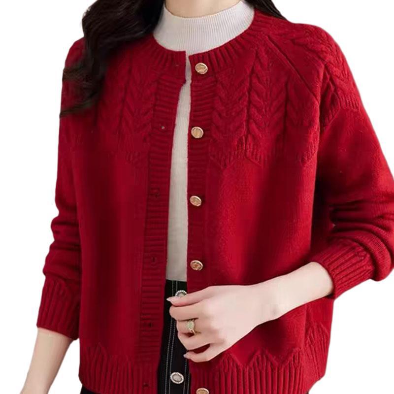 Women's Jacquard Knit Red Sweater Coat - Autumn 2025 Loose Round Neck Cardigan