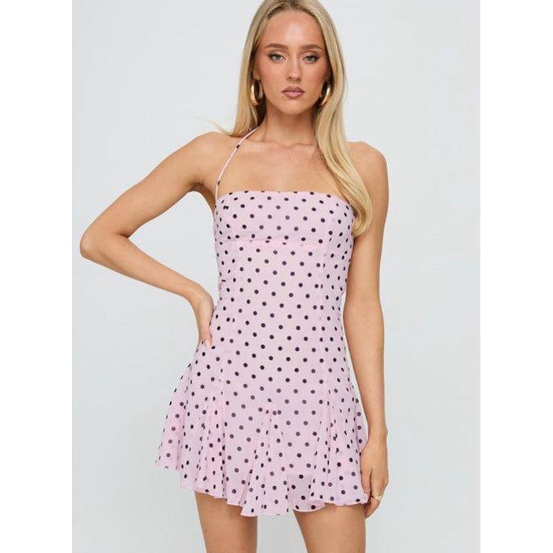 

European and American Women s Clothing Summer New Sexy Open Back Polka Dot Sleeveless Shoelace Waist-Tight Dress Pink L