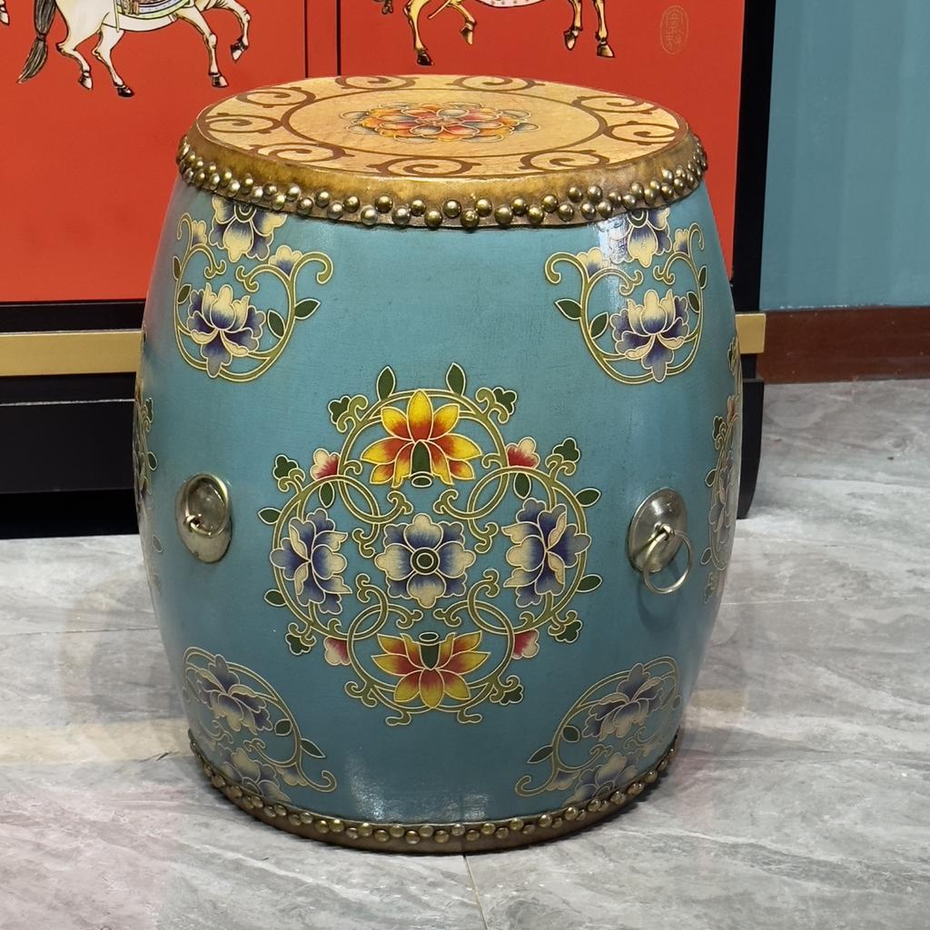 New Chinese Style Distressed Drum Stool, Solid Wood Tea Table & Accent Seat for Living Dining Room, Creative Home Decor Ottoman