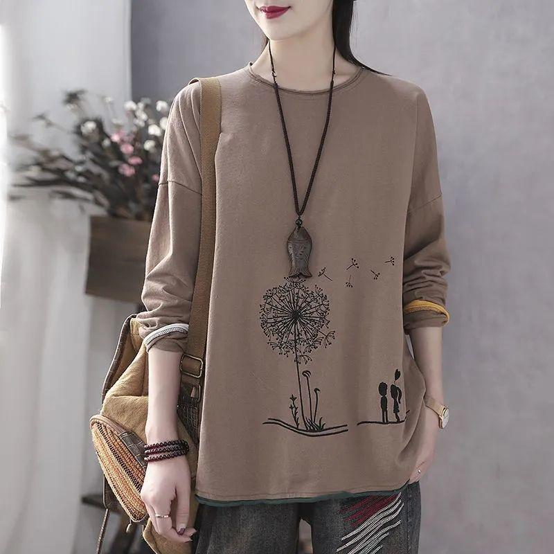 

Футболка с длинными рукавами Four Seasons Plus Size Literary, женская свободная повседневная рубашка-топ на весну и осень 3XL хаки