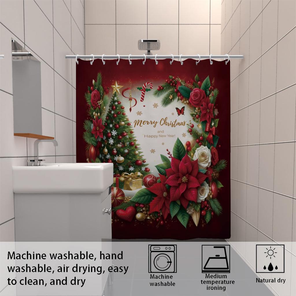 1Pc Christmas Red Floral Print Waterproof Shower Hanging Curtain With 12 Hooks, Multi Size Holiday Decoration, Machine Washable