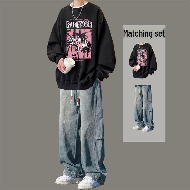 Boys' Trendy Loose Round Neck Sweatshirt & Jeans Set - Cool Casual Two-Piece Outfit for Spring & Autumn