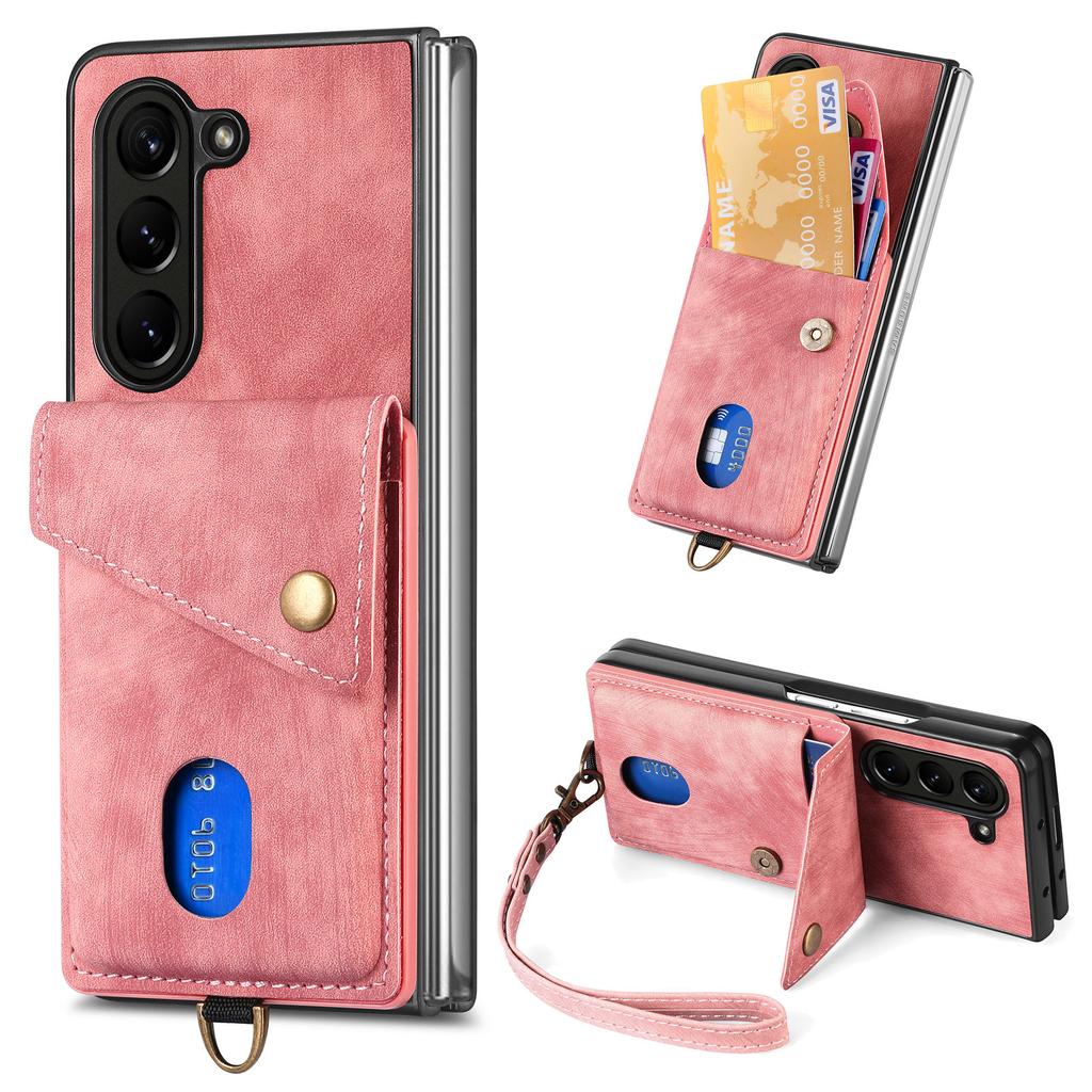 D1 For Samsung Galaxy Z Fold6 5G Case Kickstand Card Bag Leather+PC Phone Cover with Strap