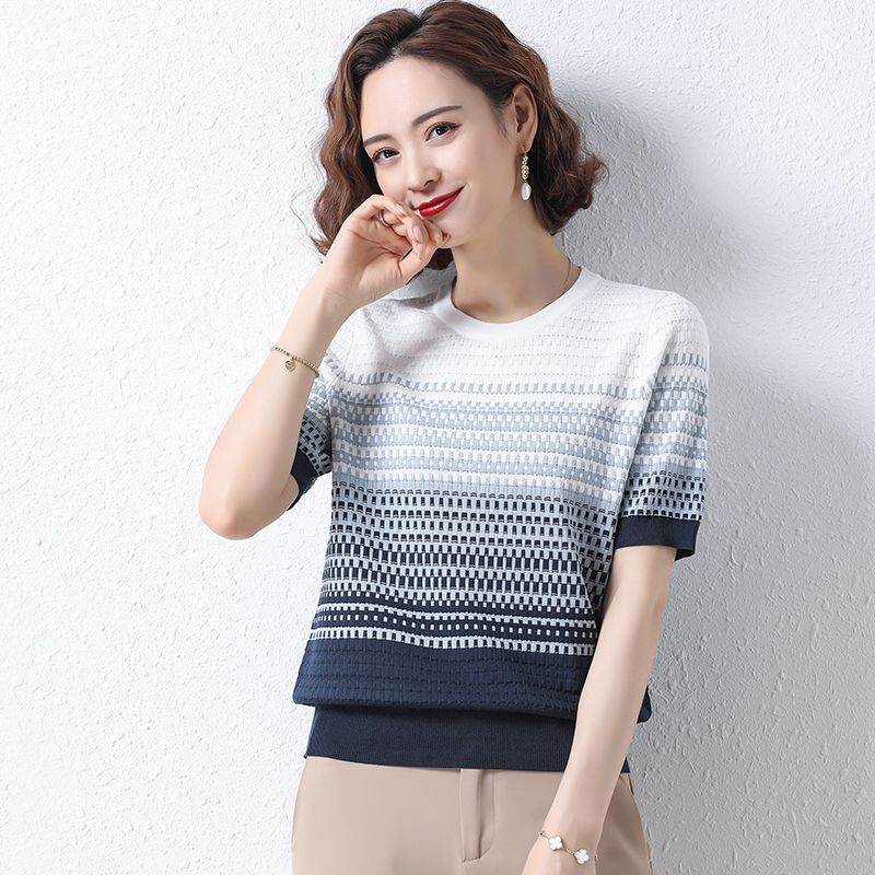Women's Plus Size Striped Short Sleeved Knitted T-shirt Middle-aged Women's Clothing Ice Silk Knitted T-shirt