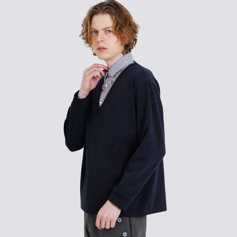 CUSTOMUS Men'S Striped Shirt With Layered Collar And Logo Embroidery Long Sleeve T-Shirt Cxs25Fkkt907 Nav