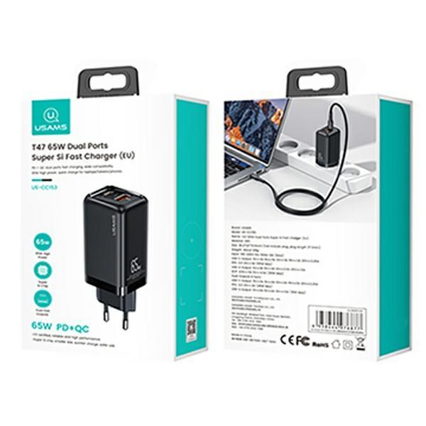Usams Ład. Siec. 1Xusb-C+1Xusb T47 65W(Only Head) Pd Fast Charging Super Si Czarny/Black Cc153Tc01  (Us-Cc153)