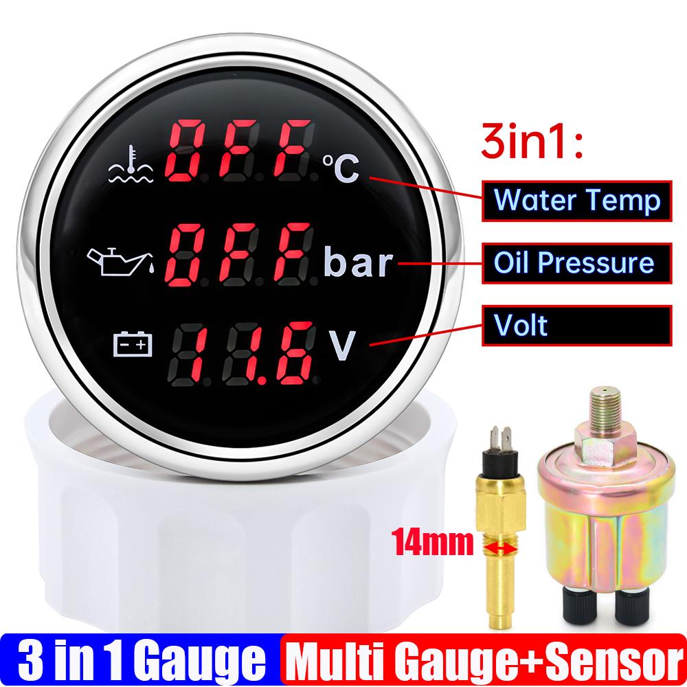 3 In 1 Digital 52mm Gauge with Alarm 0~120℃ Water Temperature Gauge+Oil Pressure+Voltage with Oil Press/Water Temp Sensor