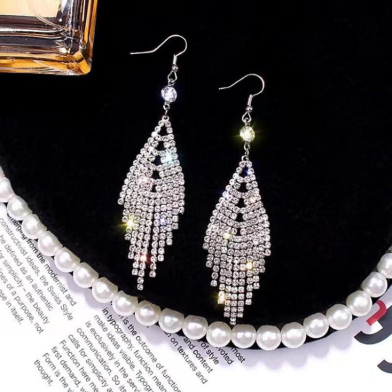 Korean Trend Crystal Rhinestone Long Tassel Earrings