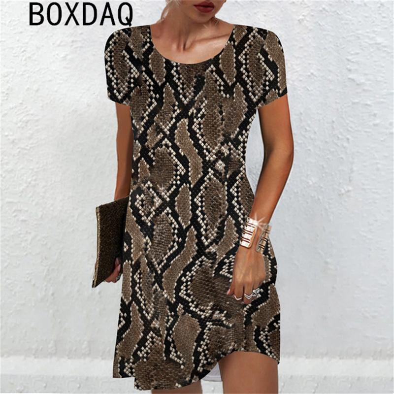 3D Sexy Snake Print Mini Dress Big Size Women Sexy Short Sleeve O-Neck Loose Dress Summer Beach Party Dress Sundress Vestidos