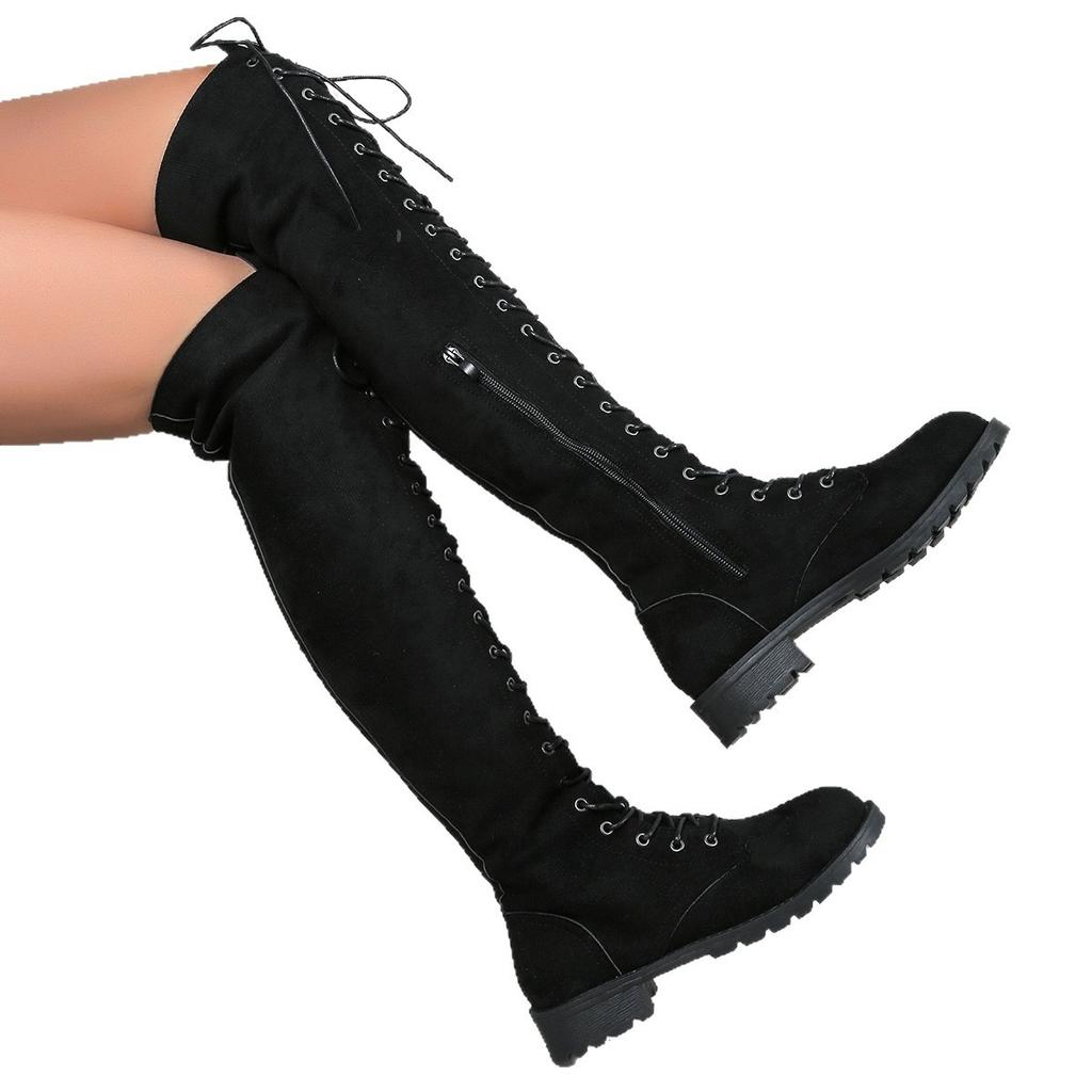 European and American Large Size Solid Color Round Head Square Heel Thick Heel Knee Boots Lace-up Suede Women's Boots Spot Border Trade