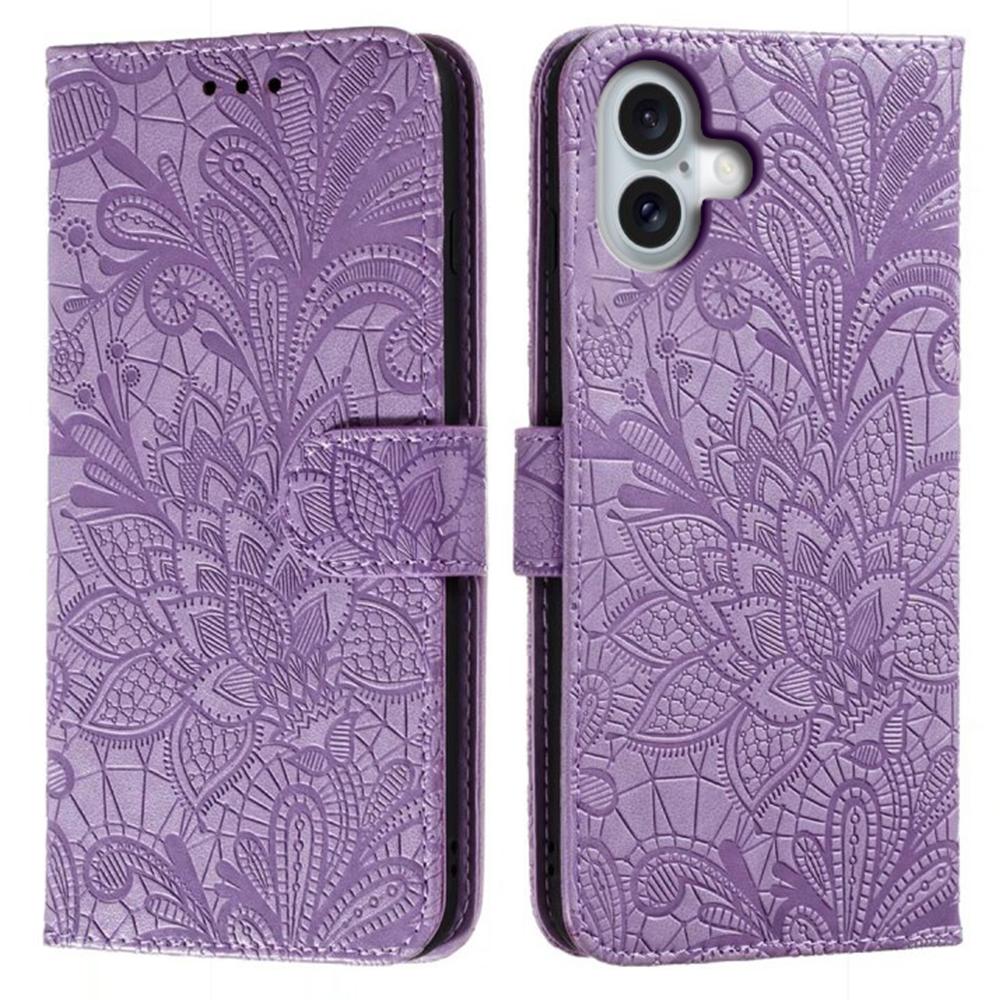 For iPhone 16 Case Lace Flowers PU Leather Flip Wallet Phone Cover - Grey