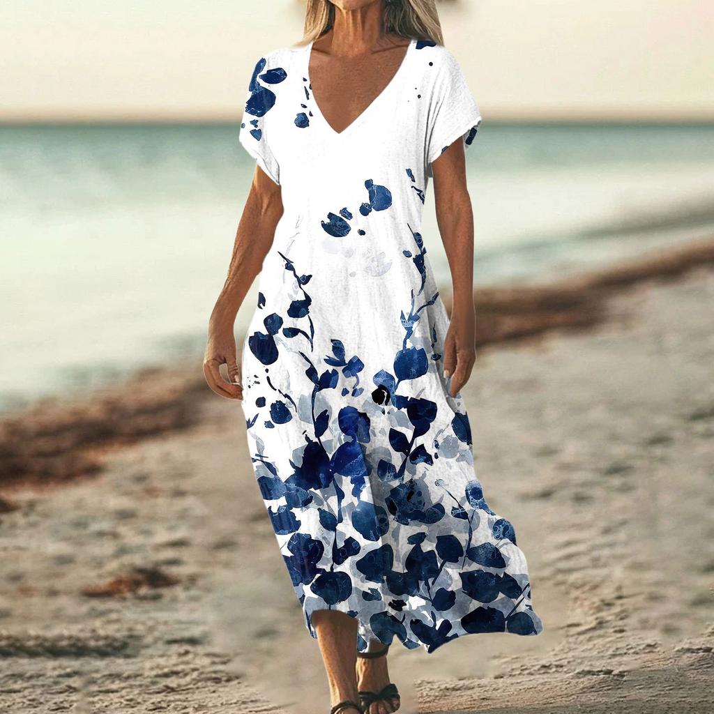 Módní dámské letní šaty s výstřihem do V, krátkým rukávem, vintage květinovým potiskem, plážové