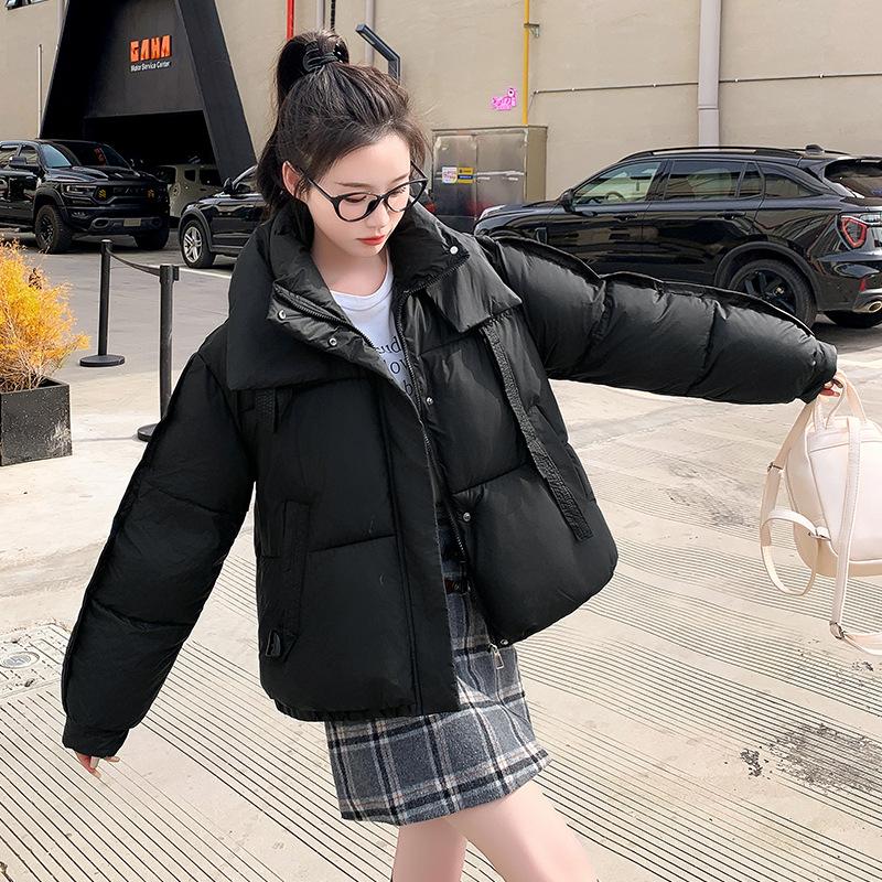 

Короткая хлопковая одежда с капюшоном женская зимняя новая однотонная с маленьким бантом хлебная одежда хлопковое пальто M чёрный