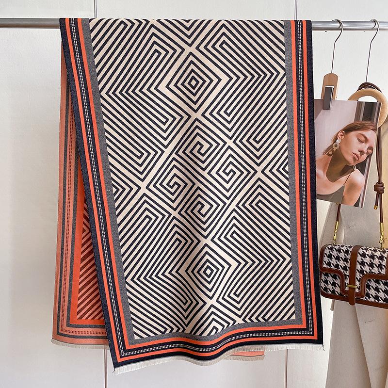 Winter Geometric Striped Imitation Cashmere Scarf Women'S Fashion Korean Version Ins Thickened Warm Travel Dual-Purpose Shawl