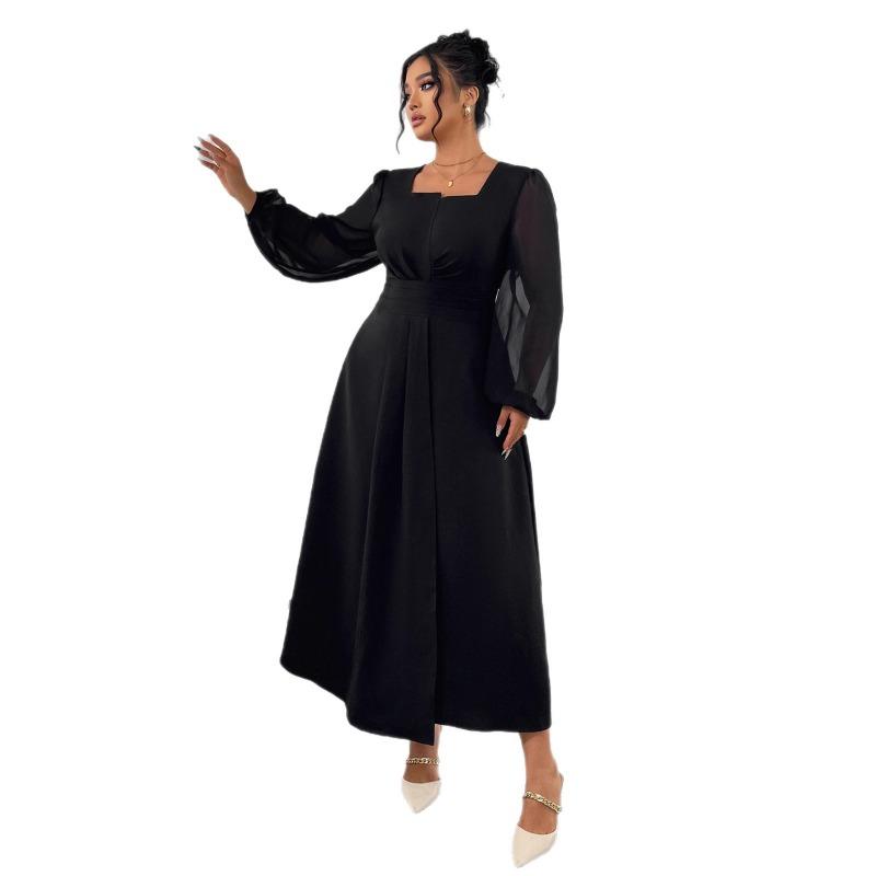 This Elegant Long Dress Features A High-waisted Pleated Design, A Square-neck Long-sleeved Plus-size Dress