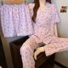 Amerikanische Lila Liebe Leopardendruck Sommerpyjama Damen Wolkenbaumwolle Kurzarm Loungewear Dreiteiliges Set