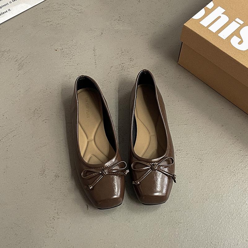 Fairy wind gentle Mary Jane shoes female summer new bow square head flat sole shoes silver light mouth beanie shoes