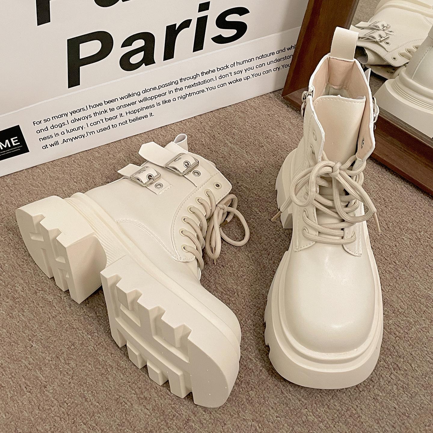 

White British style thick high-heeled thick-soled Martin boots women s 2025 new autumn small man height-increasing and thin short boots 39 бежевый